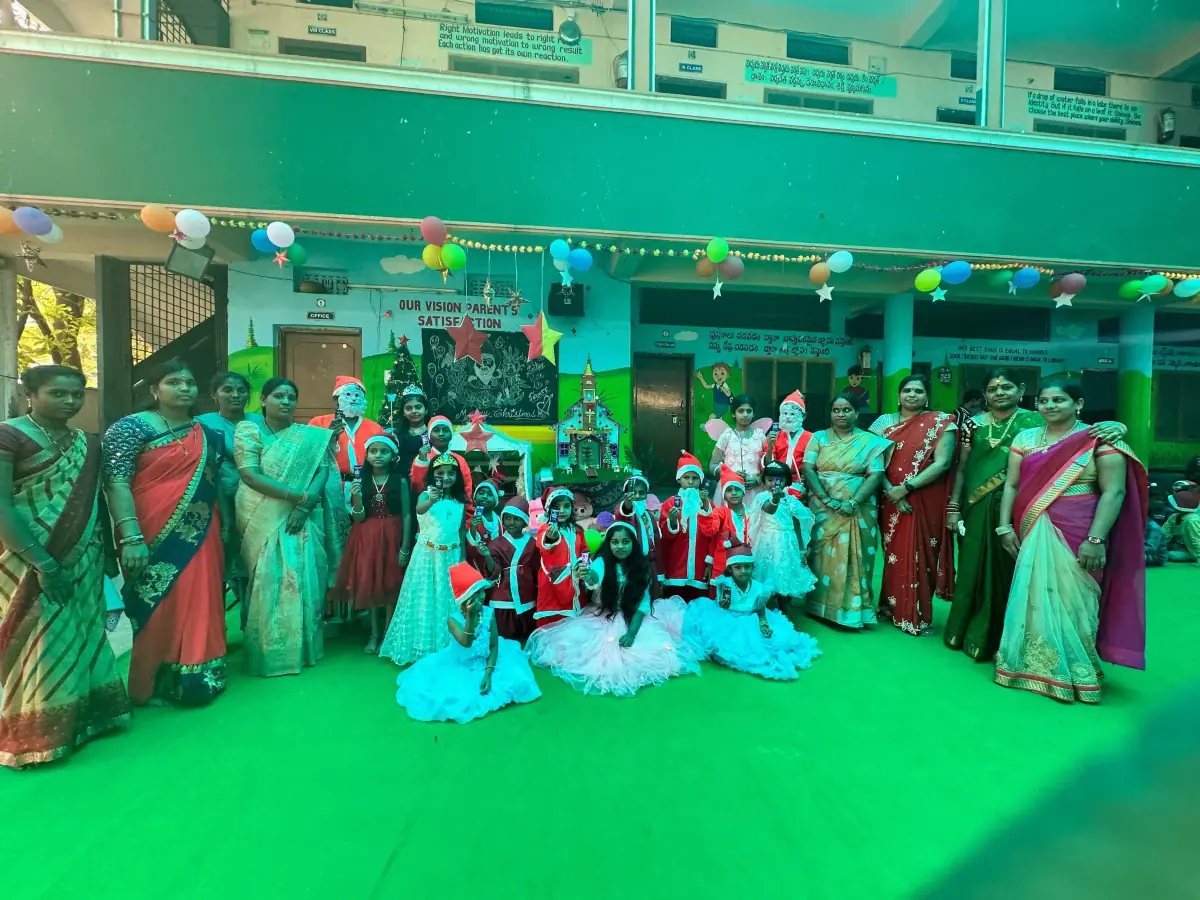 School Christmas celebration with students in festive attire
